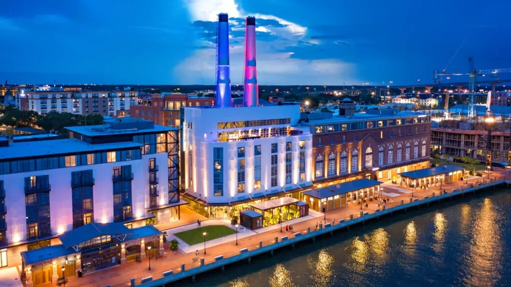 Exterior view of Savannah Plant Riverside with modern architecture and industrial elements, showcasing JSC Systems' project.