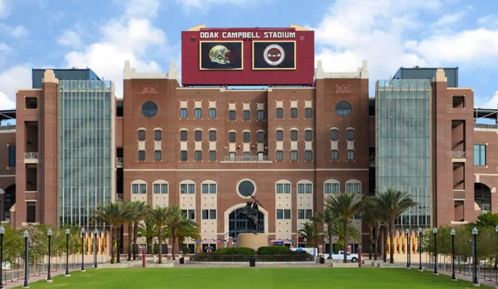 Exterior view of FSU University Center with modern architecture and clear blue sky, showcasing JSC Systems project.
