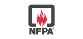 NFPA logo in red and black, featuring a flame symbol within a square outline, representing fire safety standards.